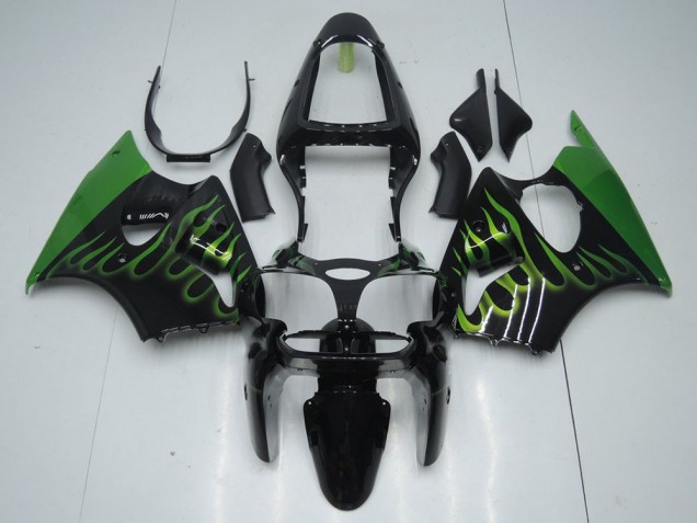 00-02 Black with Green Flame Kawasaki ZX6R Motorcycle Fairings 00-02 Black with Green Flame Kawasaki ZX6R Motorcycle Fairings