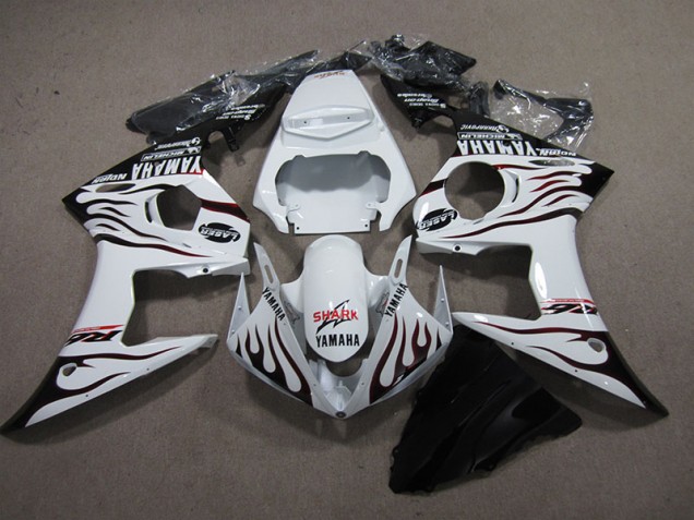 03-05 White Black Flame Shark Yamaha YZF R6 Motorcycle Fairings 03-05 White Black Flame Shark Yamaha YZF R6 Motorcycle Fairings