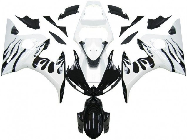 03-05 White Flame Black Yamaha YZF R6 Motorcycle Fairings 03-05 White Flame Black Yamaha YZF R6 Motorcycle Fairings