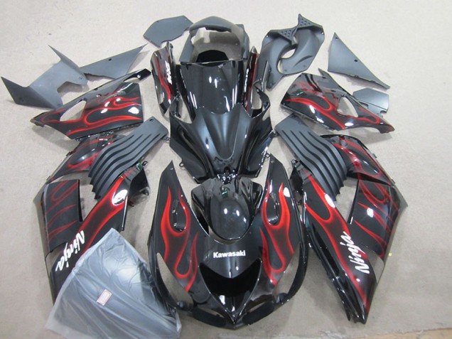 06-11 Black Red Flame Ninja Kawasaki ZX14R ZZR1400 Motorcycle Fairings